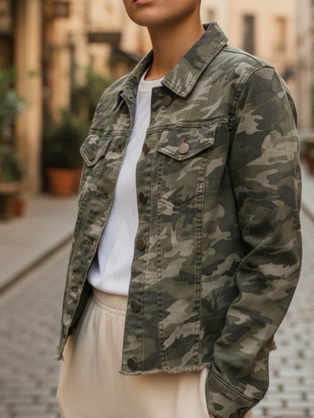 Kut from the Kloth Olive Camo Trucker Style Jacket with Raw Crop Hem - Small